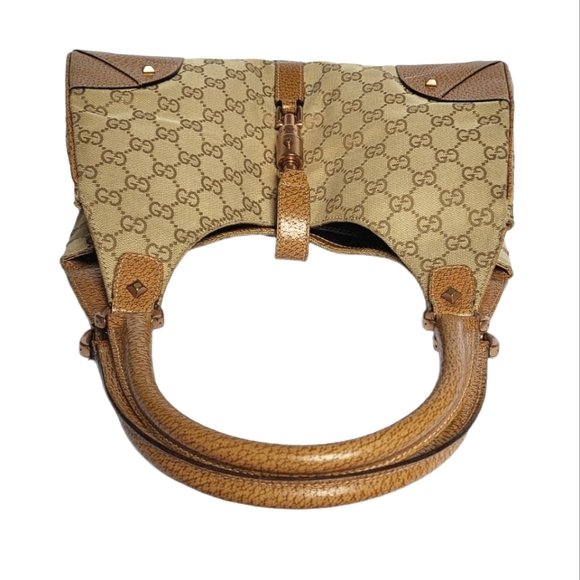 Gucci GG Canvas and Leather Nailhead Jackie Bardot Bag Tan 124407 - Picture 8 of 15